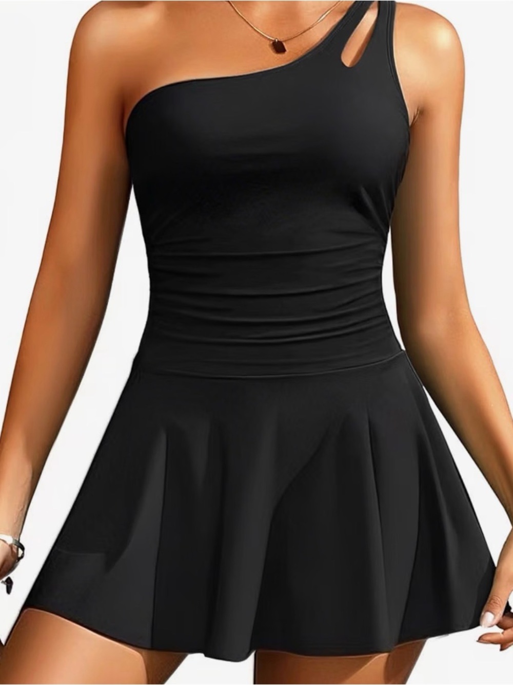 Youniqueโ Black Women's Swim Dress - Classic Skirted One-Piece One Shoulder